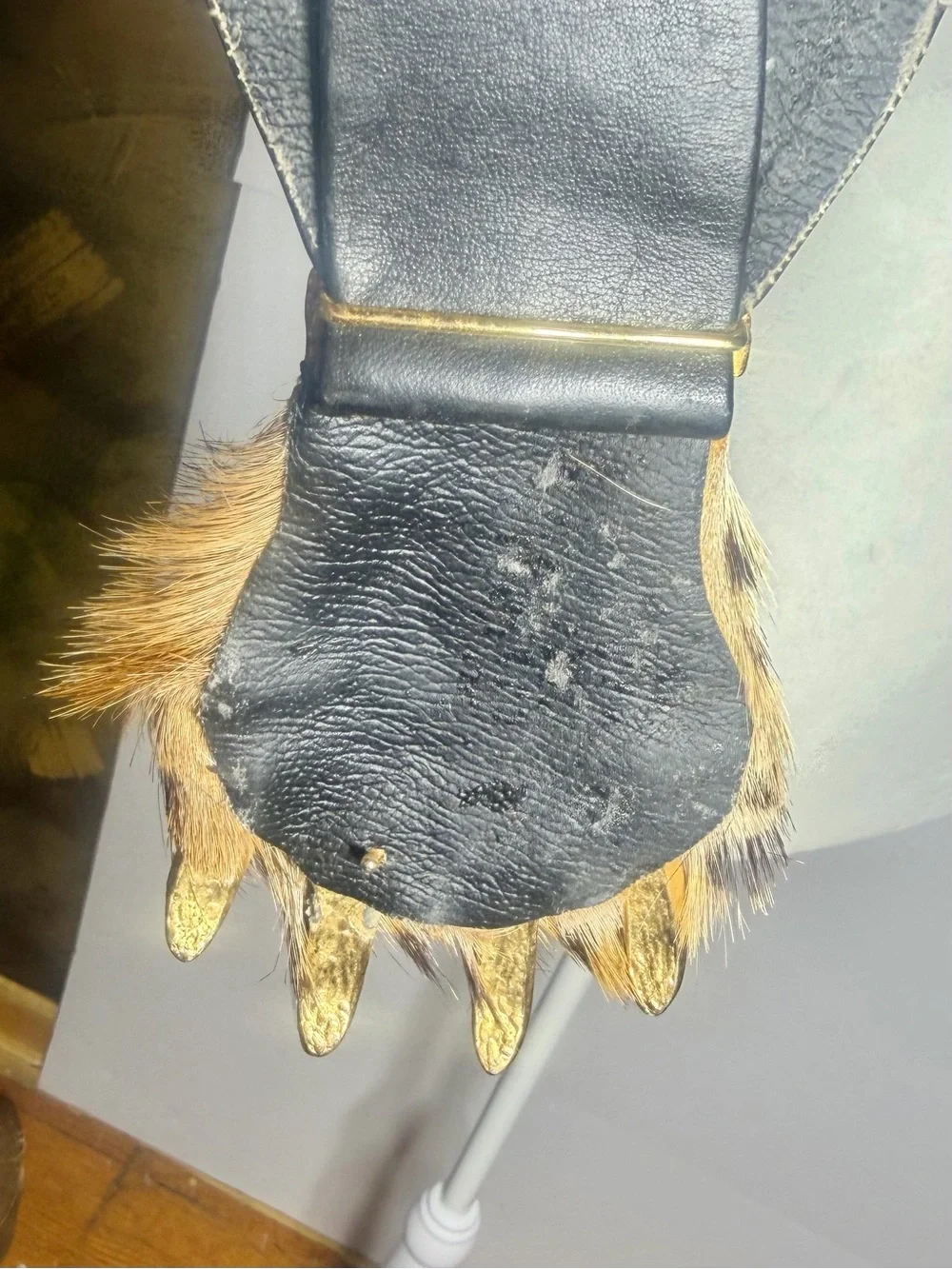 Vintage 80’s Black Leather Leopard Cheetah Fur Claw Buckle Statement Belt